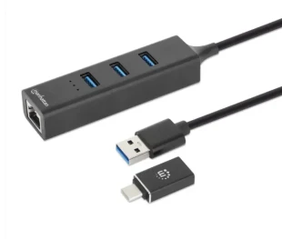 USB HUB 3port Manhattan 180894 USB-A/C 3xUSB 3.2 5Gbps/1xGLAN 5Gbps/sivi