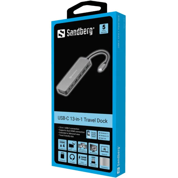 Docking station Sandberg 13in1 USB-C - 2xHDMI/VGA/LAN/3xUSB 3.0/USB C 136-45 Slika 3
